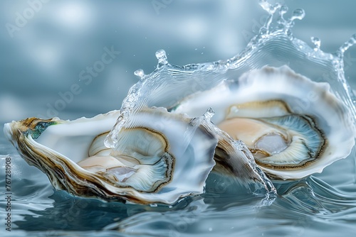 Two fresh oysters with water splashing onto them, showcasing the briny delicacy of the shellfish.