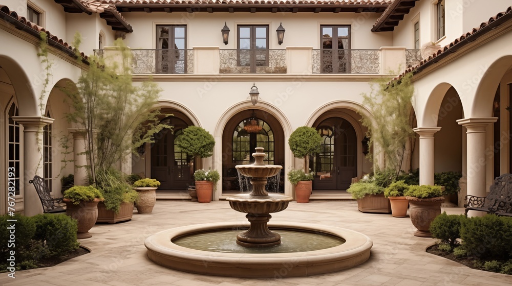 Mediterranean mansion entry courtyard with stucco walls clay tile fountains and arched covered loggia. Mediterranean mansion entry courtyard with stucco walls clay tile fountains and arched covered loggia.