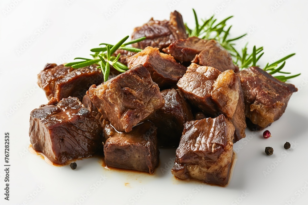 White plate with sliced beef and rosemary garnish.