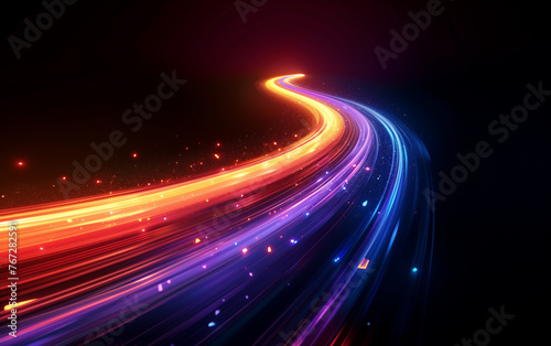 Light trails, neon light speed motion and glow effect on black background. Dynamic light trails of glowing sparks with neon sparkling flares
