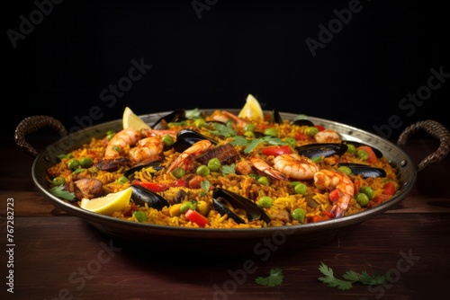 Tempting paella on a rustic plate against a minimalist or empty room background