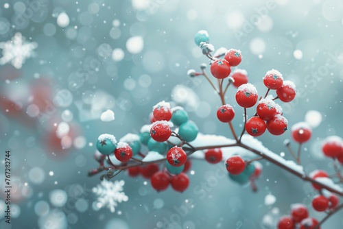 A close-up of a red winterberry holly branch covered in snow, background blurred with snowflakes drifting gently.