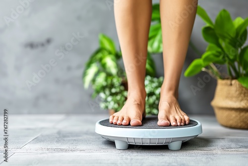A person standing on a scale next to a potted plant, checking their weight gain concept feet. photo
