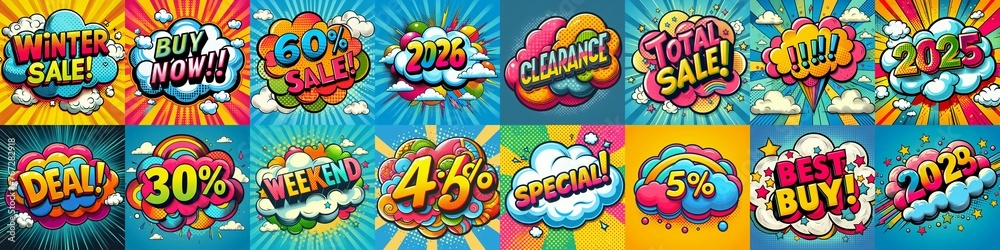 Sale stickers pop art style. AI generated illustration