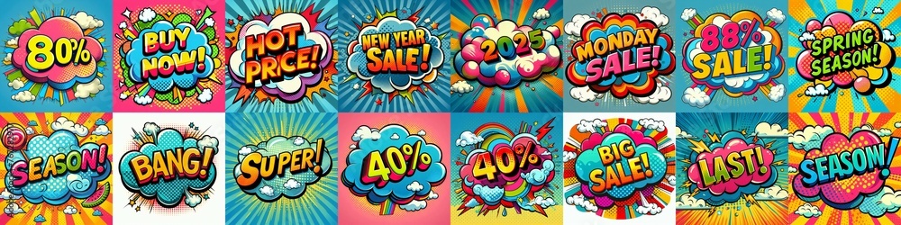 Sale stickers pop art style. AI generated illustration