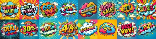 Sale stickers pop art style. AI generated illustration