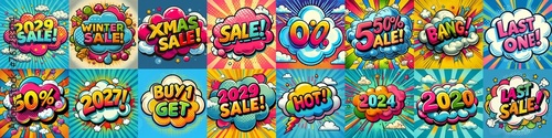 Sale stickers pop art style. AI generated illustration