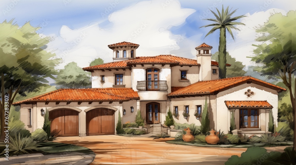 Mediterranean villa with terracotta roof tiles stucco walls and wrought iron accents.