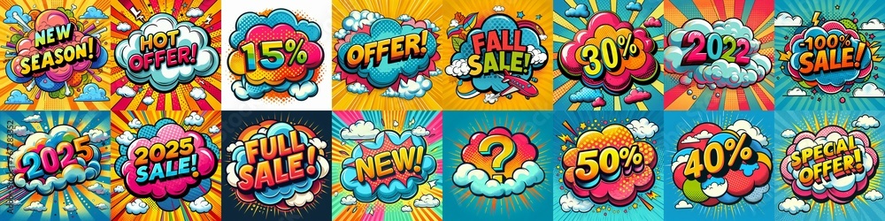 Fototapeta premium Sale stickers pop art style. AI generated illustration