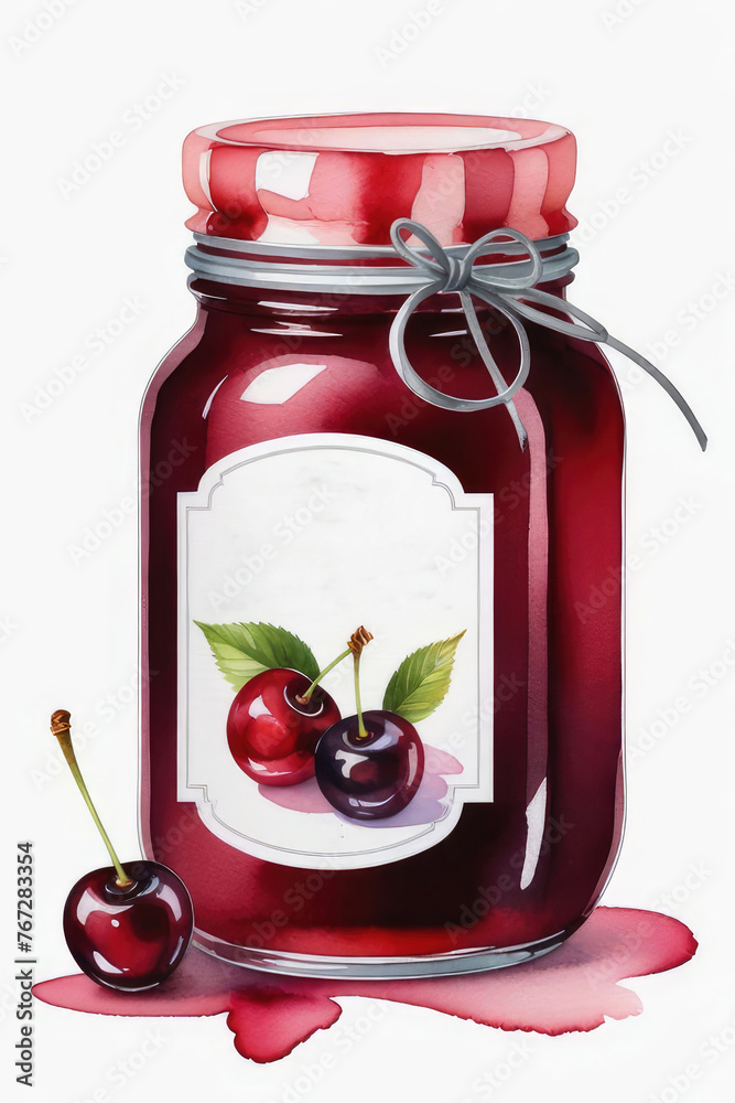 Cherry jam or marmalade and fresh berries cherry in watercolor style. Cherry jam or marmalade and fresh berries cherry in watercolor style.