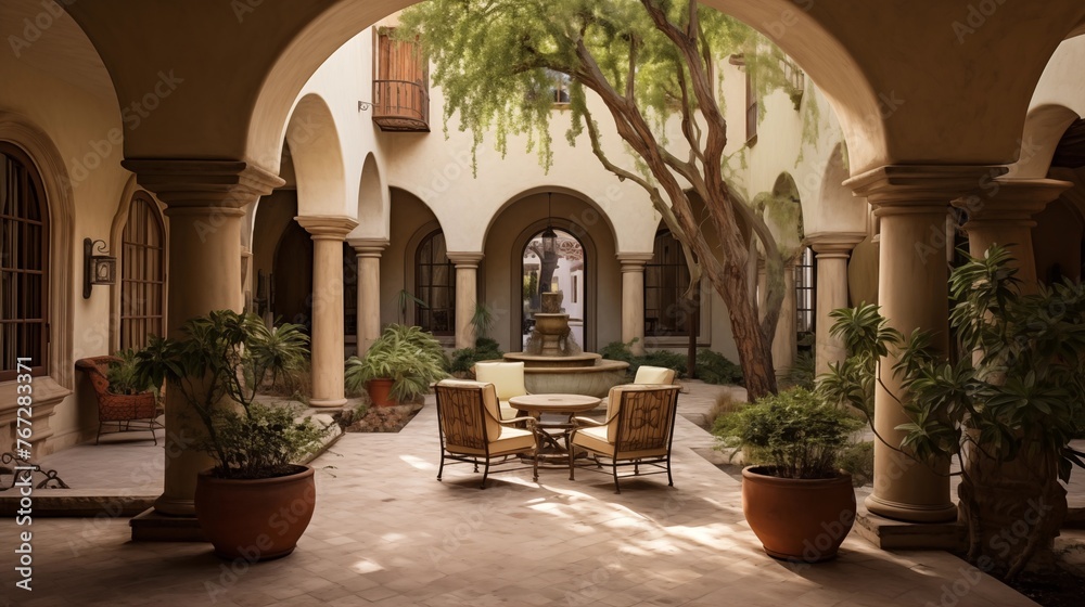 Mediterranean-inspired indoor/outdoor luxury courtyard with Venetian plaster walls antique fountains stone arches and loggias all around.