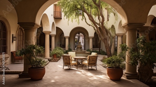 Mediterranean-inspired indoor/outdoor luxury courtyard with Venetian plaster walls antique fountains stone arches and loggias all around.