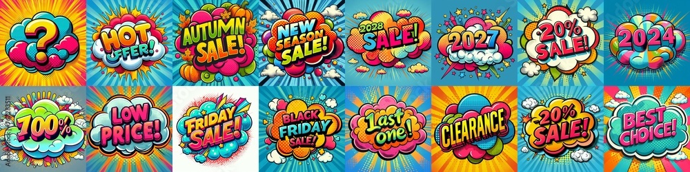 Sale stickers pop art style. AI generated illustration