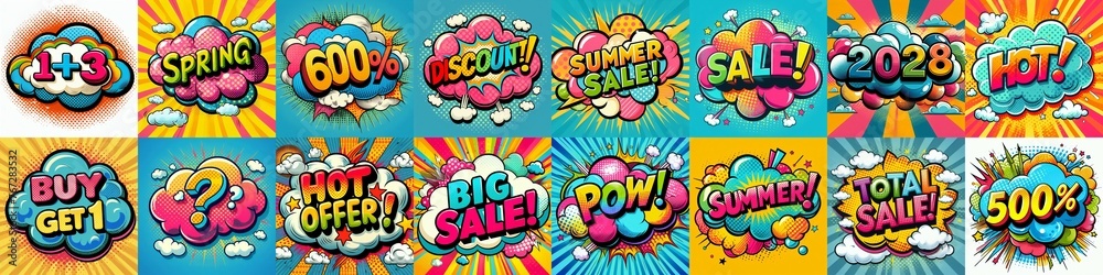 Sale stickers pop art style. AI generated illustration