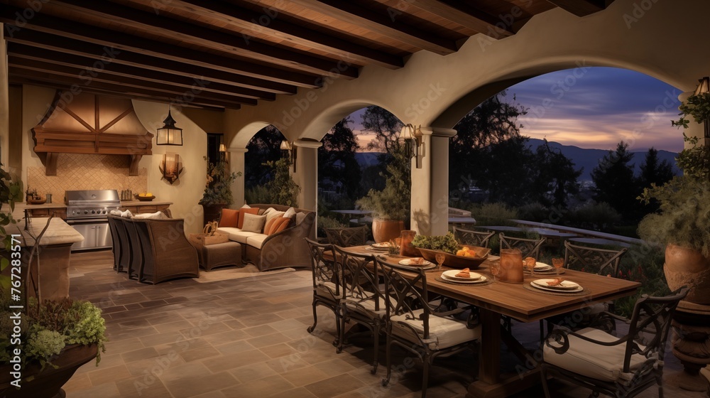 Mediterranean-style outdoor kitchen and dining loggia.