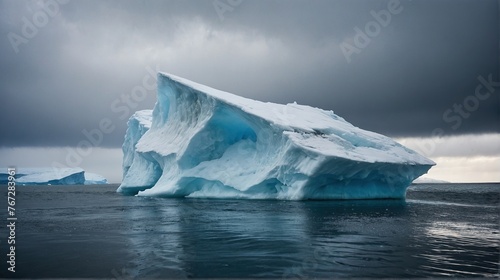 Thawing icebergs with drops of water falling into the sea