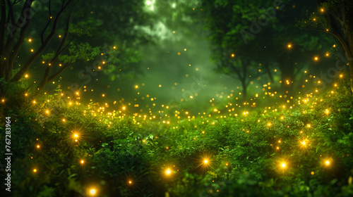 Green rainforest at dusk surrounded by thousands of blinking fireflies  © K.A