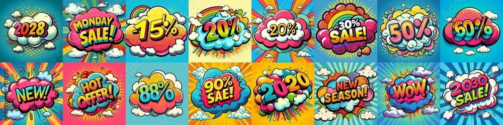 Sale stickers pop art style. AI generated illustration