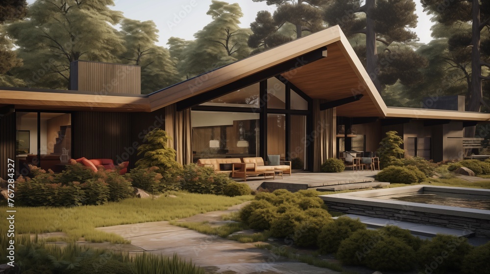 Mid-century modern house with angled roofline natural materials and retro furnishings.