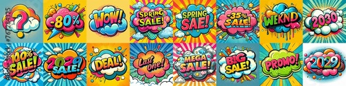 Sale stickers pop art style. AI generated illustration