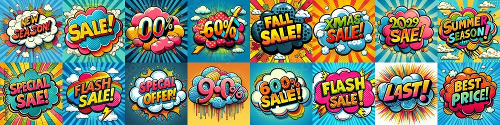 Sale stickers pop art style. AI generated illustration