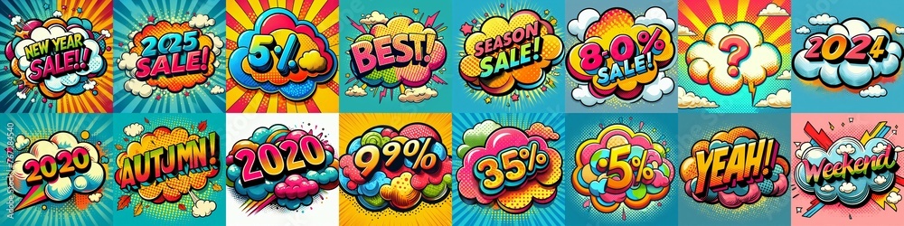 Sale stickers pop art style. AI generated illustration