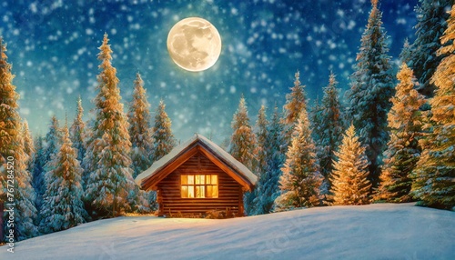 winter forest blue night starry sky full moon christmas trees wooden cabin with light in windows pine trees covered by snow winter holiday background © Susan