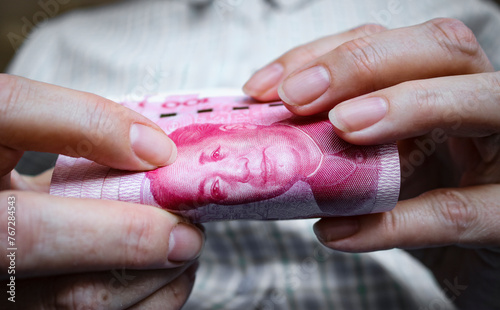 RMB recalculation close-up. Renminbi official currency of China.