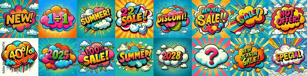 Sale stickers pop art style. AI generated illustration