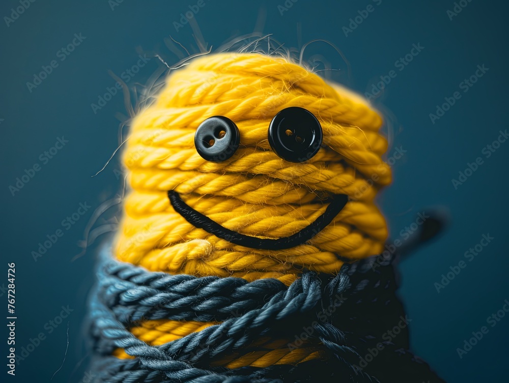 A cheerful skein of woolen threads with eyes and a smile. Cute cartoon character. Abstract emotional face. Facial expression. Illustration for banner, poster, cover, brochure or presentation.