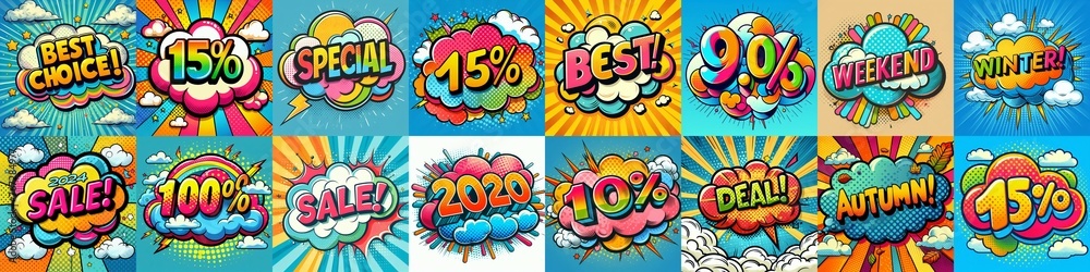 Sale stickers pop art style. AI generated illustration