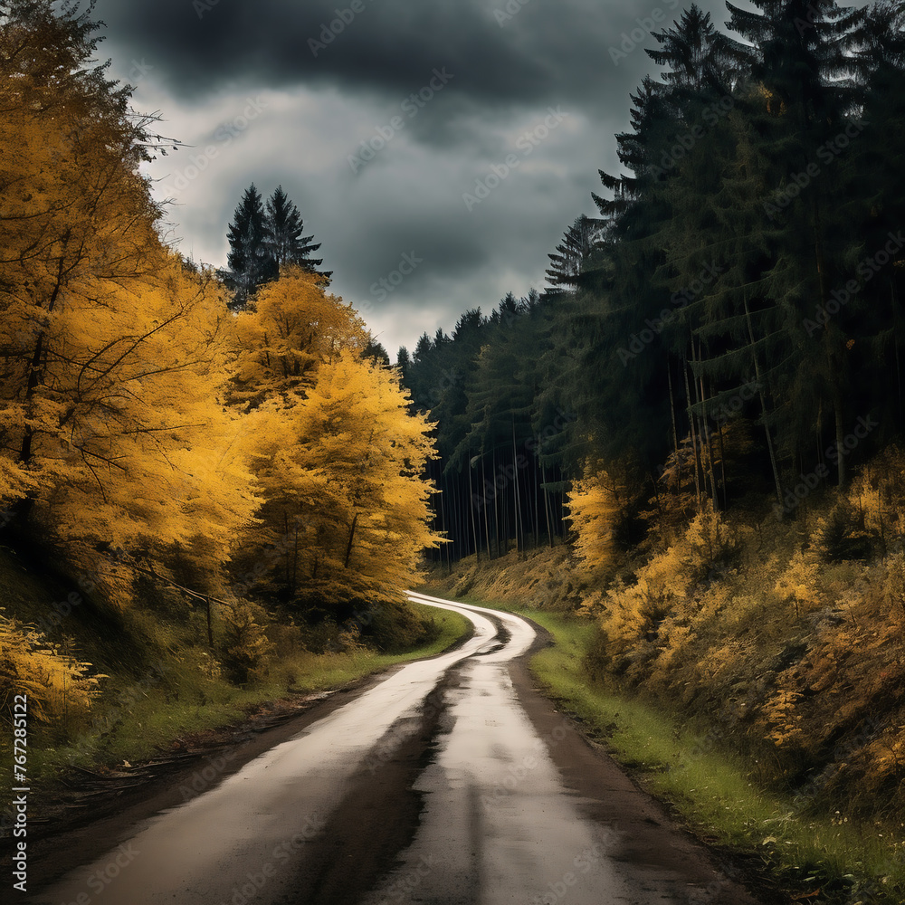 Fototapeta premium Autumn road in the forest with yellow trees and cloudy sky.