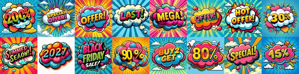 Obraz premium Sale stickers pop art style. AI generated illustration