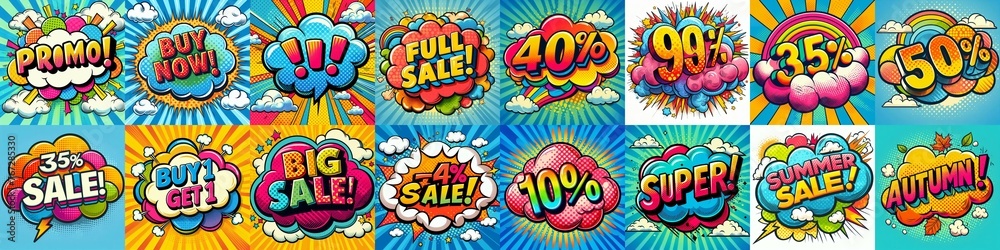 Sale stickers pop art style. AI generated illustration