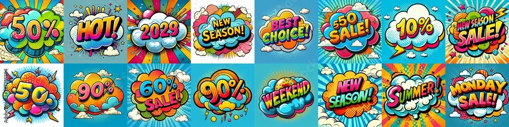 Sale stickers pop art style. AI generated illustration Sale stickers pop art style. AI generated illustration