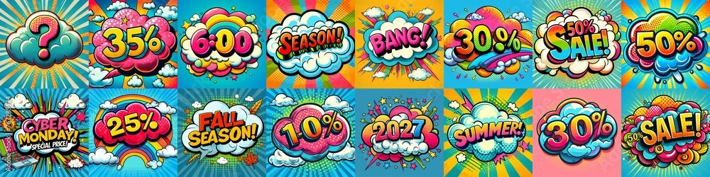 Fototapeta premium Sale stickers pop art style. AI generated illustration