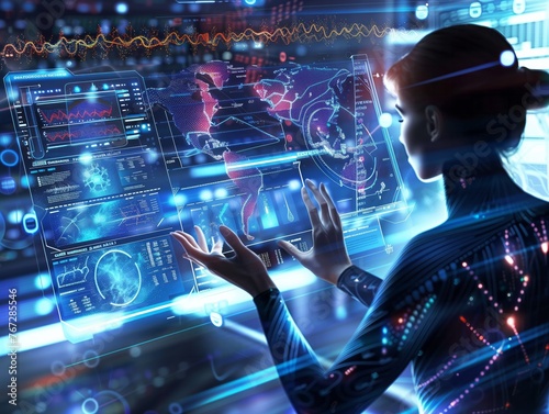 A woman is using a computer to control a virtual world. Concept of control and power, as the woman is able to manipulate the digital environment with her hands