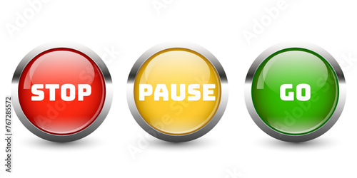 Red, green and yellow round button, set on white background for website or your design.Vector graphics
