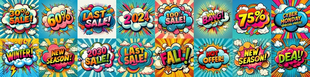 Fototapeta premium Sale stickers pop art style. AI generated illustration