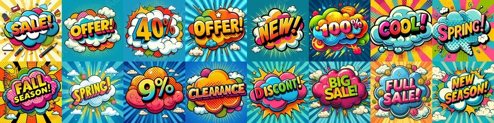 Fototapeta premium Sale stickers pop art style. AI generated illustration