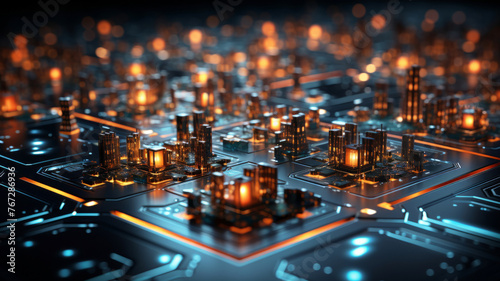 Futuristic city on electronic circuit board background