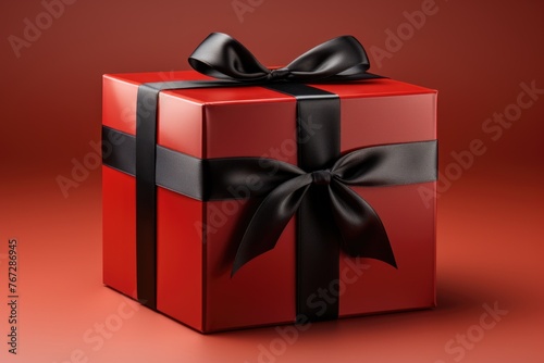 Red gift box close with ribbon red background Generative AI