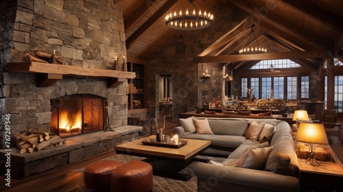Mountain cabin with vaulted wood ceilings stone fireplace and rustic decor. © Aeman