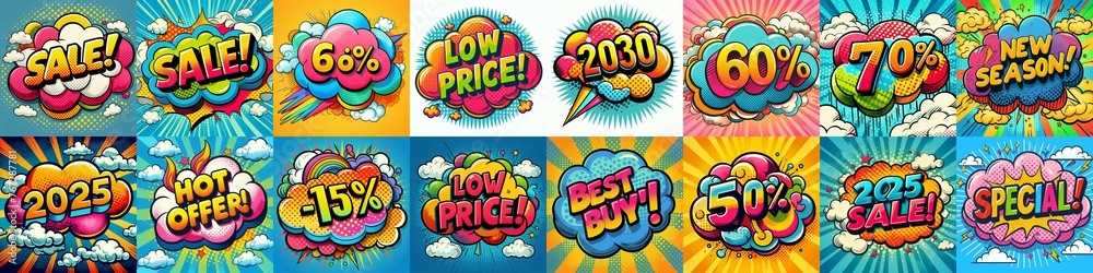 Sale stickers pop art style. AI generated illustration