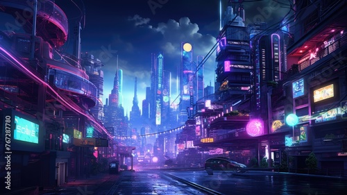 The picture of the neon night time futuristic cyberpunk scifi metropolis yet bright with neon light that fill everywhere of metropolis and fill with tall building and long roadway at night. AIGX01. photo