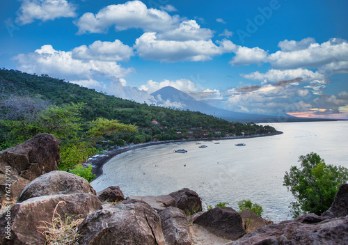 Amed, Bali island, Indonesia with Agung mountain on background photo
