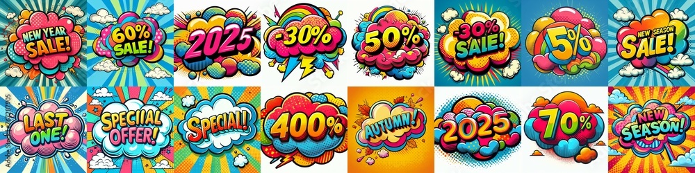Sale stickers pop art style. AI generated illustration Sale stickers pop art style. AI generated illustration