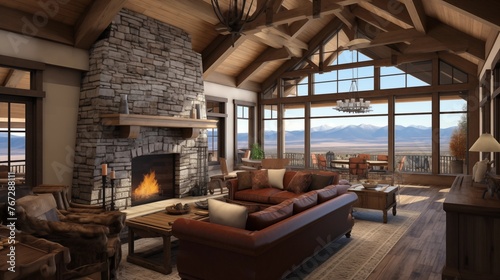 Mountain craftsman great room with vaulted ceilings timber beams cozy window seat and oversized stone fireplace.