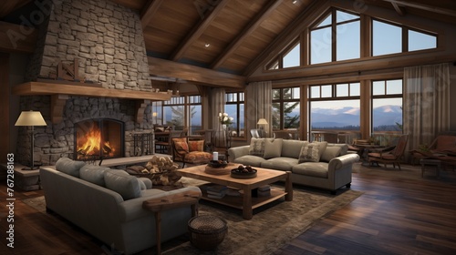 Mountain craftsman great room with vaulted ceilings timber beams cozy window seat and oversized stone fireplace.