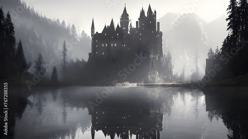 Darkness black and white 80s Castle Vania, castle of the king of vampires.